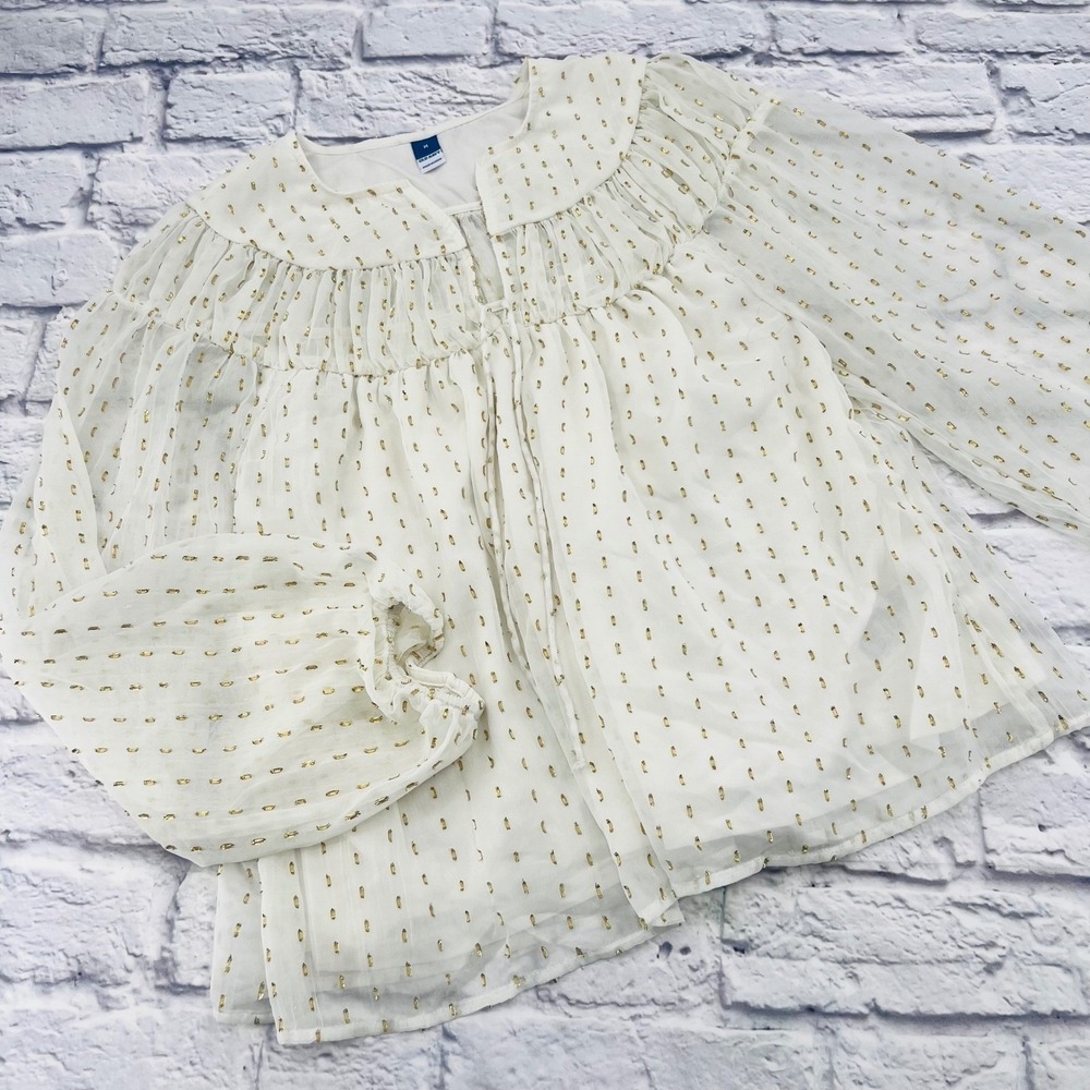 Old Navy Boho Holiday Blouse Cream Gold Metallic Dot Print Ruffle Neck M